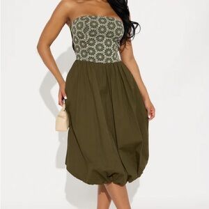 Strapless Olive Green Printed Bodice Midi Dress